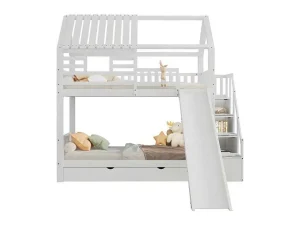 Cheap Stapelbed 90X200Cm - Grenenhout En Mdf Structuur - Met Glijbaan En Opbergtrap - Een Grote Lade Onder Het Bed - Wit Kinderbed Stapelbed