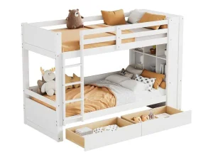Outlet Stapelbedden 2 X 90 X 200 Cm Voor Kinderen - 2 Laden + 6 Vakken + Planken - Mdf Hout - Wit Kinderbed Stapelbed