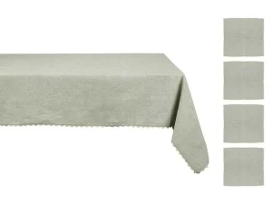 Flash Sale Tafelkleed + 4 Katoenen Servetten - Beige Rand - Groen - 140 X 240 Cm - Loania Textiel Voor Eettafel