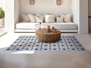 Cheap Tapijt Van Vinyl Met Cementtegeleffect - 120 X 180 Cm - Blauw En Geel - Florili Woonkamertapijt