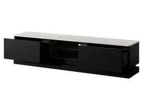 Clearance Tv-Meubel Met 2 Lades En 2 Nissen Met Ledverlichting Van Mdf - Zwart Met Wit Marmereffect - Devika - Van Tv-Meubel