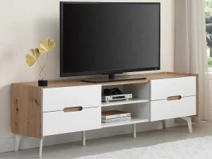 Flash Sale Tv-Meubel Met 4 Lades En 2 Nissen - Mdf & Metaal - Witgelakt & Naturelkleur - Cayana Tv-Meubel