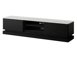 Clearance Tv-Meubel Met 2 Lades En 2 Nissen Met Ledverlichting Van Mdf - Zwart Met Wit Marmereffect - Devika - Van Tv-Meubel