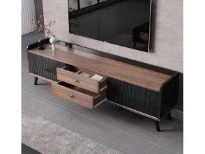 Clearance Tv-Meubel Met 2 Lades En 2 Schuifdeuren - Moderne Stijl - Kleuren: Zwart En Naturel Tv-Meubel