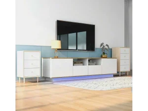 Online Tv-Meubel Van 180 Cm Met Led - 2 Laden En 2 Open Planken - Eigentijdse Scandinavische Stijl - Wit Tv-Meubel