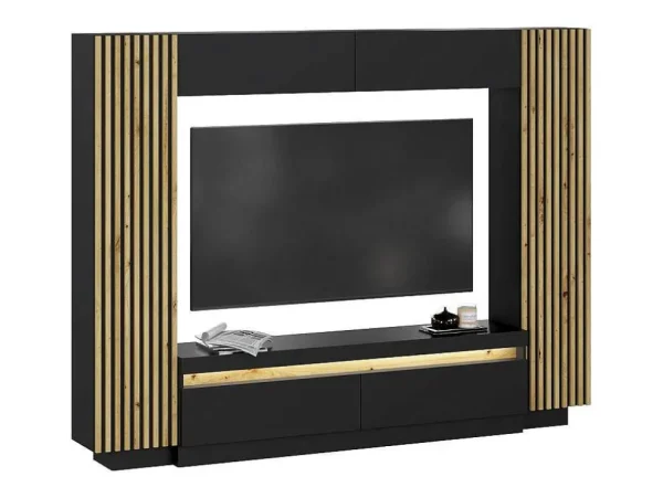 Clearance Tv-Wand Met Opbergruimte - Ledverlichting - Zwart En Naturel - Lionea Tv-Meubel