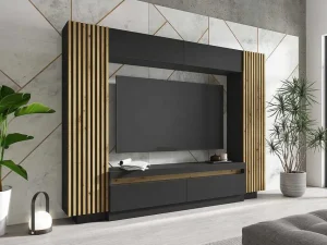 Clearance Tv-Wand Met Opbergruimte - Ledverlichting - Zwart En Naturel - Lionea Tv-Meubel
