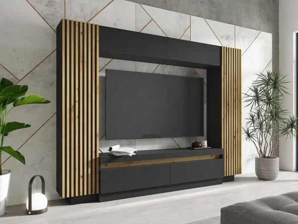 Clearance Tv-Wand Met Opbergruimte - Ledverlichting - Zwart En Naturel - Lionea Tv-Meubel