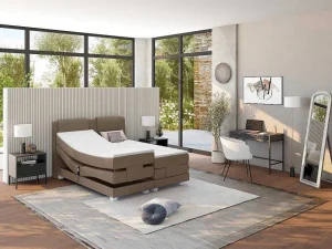 Clearance Tweepersoons Boxspring Met Elektrische Bedbodem + Matras En Dekmatras Castel - 2X80X200Cm - Beige Stof Elektrisch Relaxatiebed
