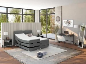 New Tweepersoons Boxspring Met Elektrische Bedbodem + Matras En Dekmatras Castel - 2X90X200Cm - Lichtgrijze Stof Elektrisch Relaxatiebed