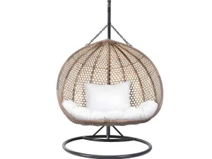 Hot Tweezits Hangstoel Van Beige Gevlochten Hars Met Wit Kussen - Vahina Hangstoel