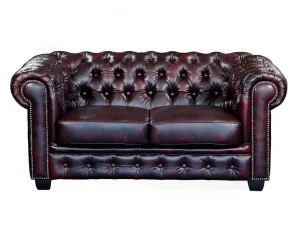 Cheap Tweezitsbank Chesterfield Brenton 100% Buffelleer - Cherry Leren Zitbank