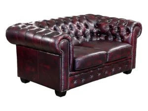 Cheap Tweezitsbank Chesterfield Brenton 100% Buffelleer - Cherry Leren Zitbank