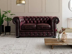 Cheap Tweezitsbank Chesterfield Brenton 100% Buffelleer - Cherry Leren Zitbank
