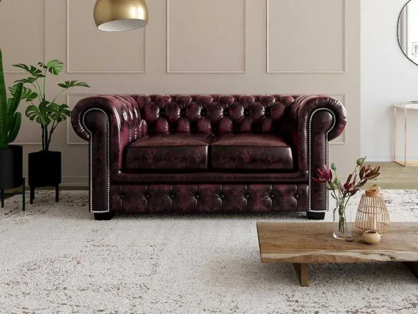 Cheap Tweezitsbank Chesterfield Brenton 100% Buffelleer - Cherry Leren Zitbank