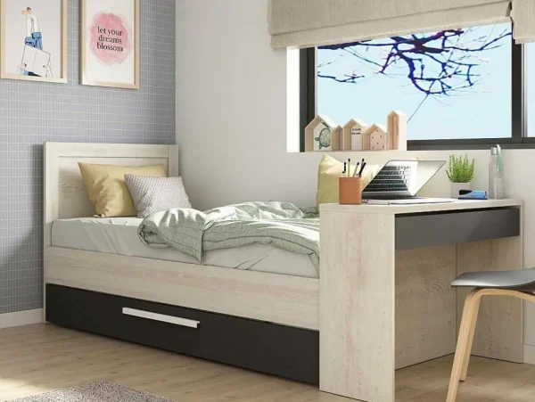 Discount Uitschuifbaar Bed 90 X 200 En 90 X 190 Cm - Met Bureau - Kleur: Naturel En Antraciet + Matras + Bedbodem - Vouani Bed Met Slaaplade