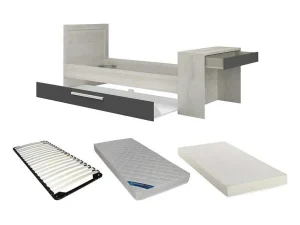 Discount Uitschuifbaar Bed 90 X 200 En 90 X 190 Cm - Met Bureau - Kleur: Naturel En Antraciet + Matras + Bedbodem - Vouani Bed Met Slaaplade