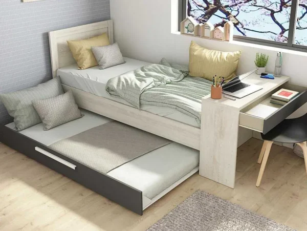 Discount Uitschuifbaar Bed 90 X 200 En 90 X 190 Cm - Met Bureau - Kleur: Naturel En Antraciet + Matras + Bedbodem - Vouani Bed Met Slaaplade