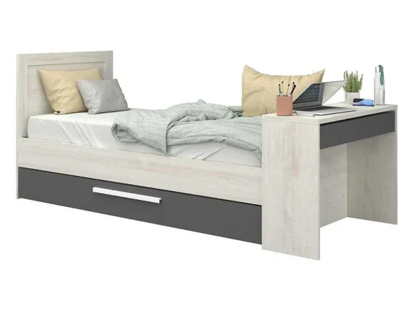Discount Uitschuifbaar Bed 90 X 200 En 90 X 190 Cm - Met Bureau - Kleur: Naturel En Antraciet + Matras + Bedbodem - Vouani Bed Met Slaaplade