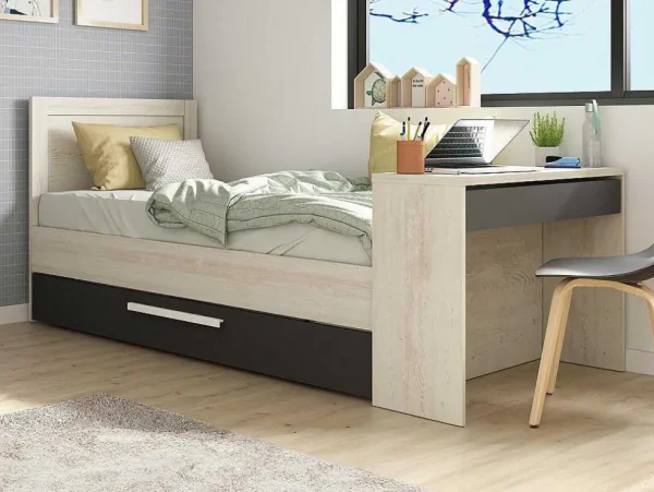 Discount Uitschuifbaar Bed 90 X 200 En 90 X 190 Cm - Met Bureau - Kleur: Naturel En Antraciet + Matras + Bedbodem - Vouani Bed Met Slaaplade