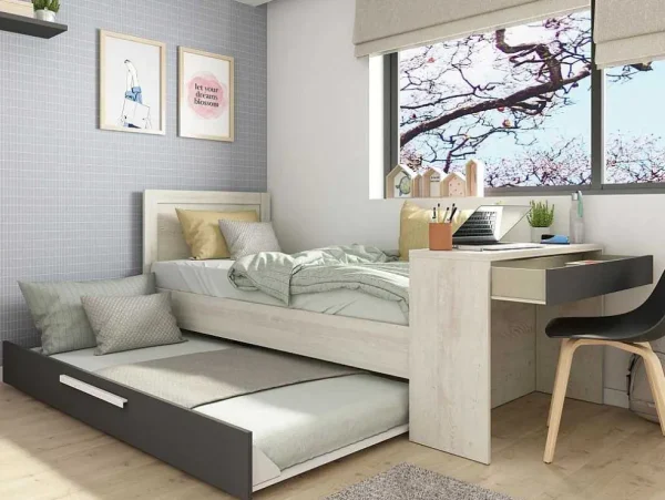 Discount Uitschuifbaar Bed 90 X 200 En 90 X 190 Cm - Met Bureau - Kleur: Naturel En Antraciet + Matras + Bedbodem - Vouani Bed Met Slaaplade
