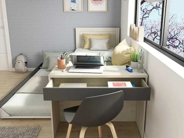 Discount Uitschuifbaar Bed 90 X 200 En 90 X 190 Cm - Met Bureau - Kleur: Naturel En Antraciet + Matras + Bedbodem - Vouani Bed Met Slaaplade
