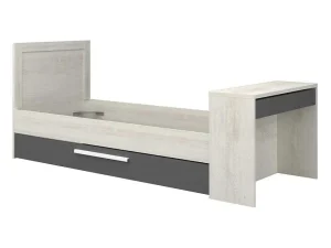 Best Uitschuifbaar Bed 2 X 90 X 200 Cm - Met Bureau - Kleur: Naturel En Antraciet + Bedbodem - Vouani Bed Met Slaaplade