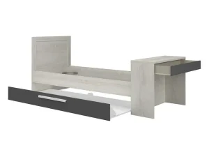 Best Uitschuifbaar Bed 2 X 90 X 200 Cm - Met Bureau - Kleur: Naturel En Antraciet + Bedbodem - Vouani Bed Met Slaaplade