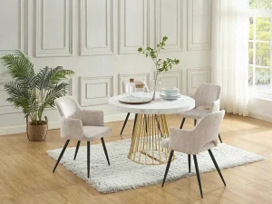 Online Uitschuifbare Eettafel 2 Tot 12 Plaatsen Van Mdf En Staal - Wit Marmereffect En Goud - Firela Eettafel
