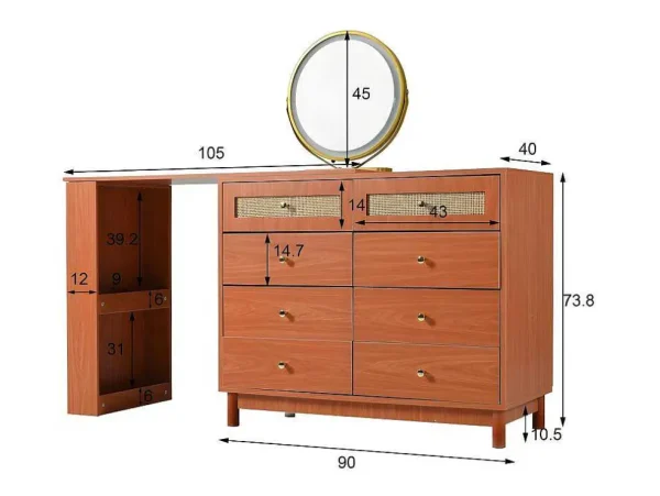 Clearance Uitschuifbare Kaptafel - 8 Laden En 1 Spiegel Met Led - Retrostijl - Bruin (Kruk Niet Inbegrepen) Kaptafels