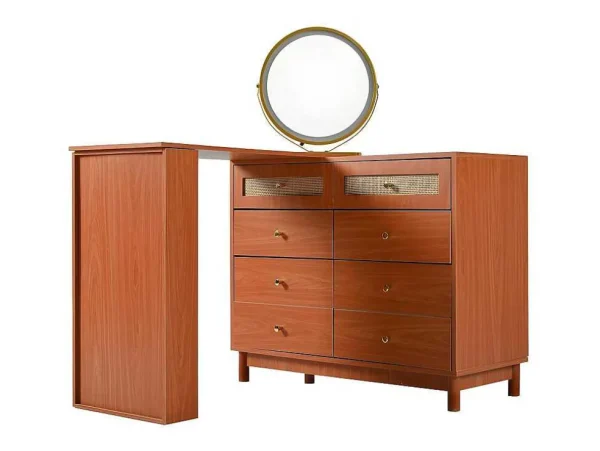 Clearance Uitschuifbare Kaptafel - 8 Laden En 1 Spiegel Met Led - Retrostijl - Bruin (Kruk Niet Inbegrepen) Kaptafels