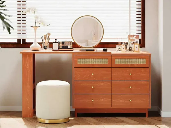 Clearance Uitschuifbare Kaptafel - 8 Laden En 1 Spiegel Met Led - Retrostijl - Bruin (Kruk Niet Inbegrepen) Kaptafels