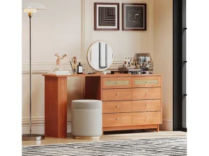 Clearance Uitschuifbare Kaptafel - 8 Laden En 1 Spiegel Met Led - Retrostijl - Bruin (Kruk Niet Inbegrepen) Kaptafels