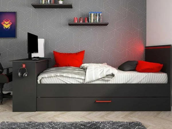 Cheap Uitschuifbed 90 X 200 En 90 X 190 Cm - Met Bureau - Ledverlichting - Antraciet En Rood + Matras + Bedbodem - Vouani Bed Met Slaaplade