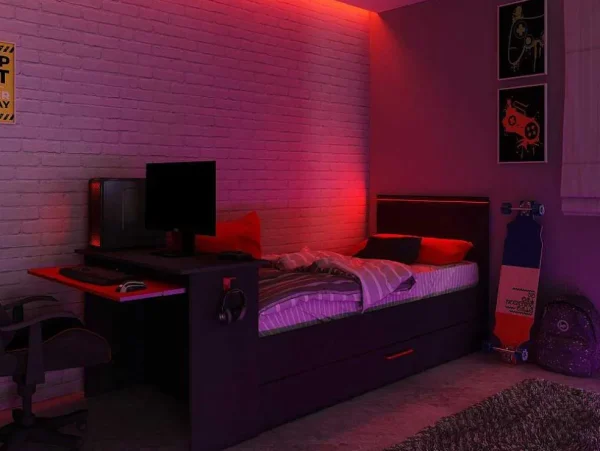 Cheap Uitschuifbed 90 X 200 En 90 X 190 Cm - Met Bureau - Ledverlichting - Antraciet En Rood + Matras + Bedbodem - Vouani Bed Met Slaaplade