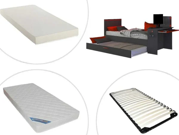 Cheap Uitschuifbed 90 X 200 En 90 X 190 Cm - Met Bureau - Ledverlichting - Antraciet En Rood + Matras + Bedbodem - Vouani Bed Met Slaaplade