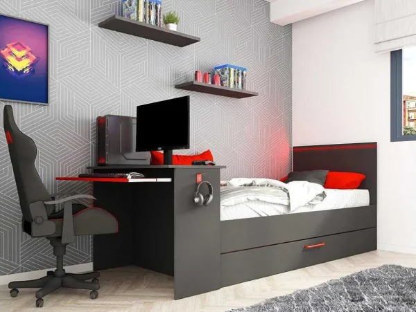 Cheap Uitschuifbed 90 X 200 En 90 X 190 Cm - Met Bureau - Ledverlichting - Antraciet En Rood + Matras + Bedbodem - Vouani Bed Met Slaaplade