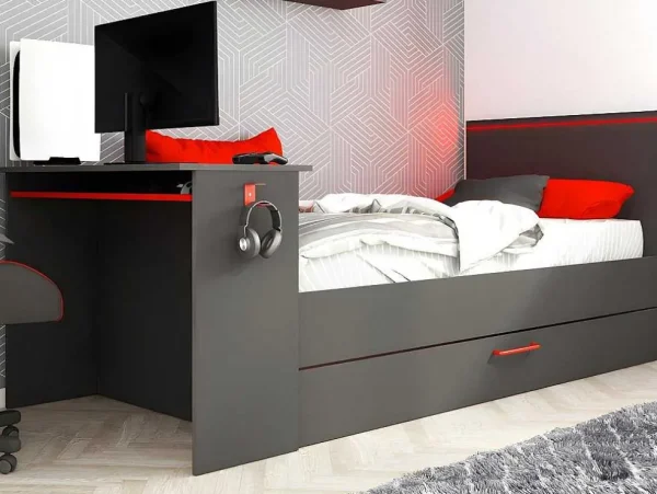 Cheap Uitschuifbed 90 X 200 En 90 X 190 Cm - Met Bureau - Ledverlichting - Antraciet En Rood + Matras + Bedbodem - Vouani Bed Met Slaaplade