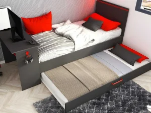 Cheap Uitschuifbed 90 X 200 En 90 X 190 Cm - Met Bureau - Ledverlichting - Antraciet En Rood + Matras + Bedbodem - Vouani Bed Met Slaaplade