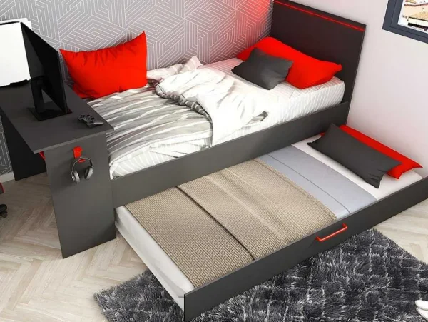Cheap Uitschuifbed 90 X 200 En 90 X 190 Cm - Met Bureau - Ledverlichting - Antraciet En Rood + Matras + Bedbodem - Vouani Bed Met Slaaplade