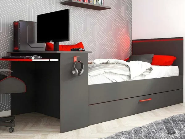 Cheap Uitschuifbed 90 X 200 En 90 X 190 Cm - Met Bureau - Ledverlichting - Antraciet En Rood + Matras + Bedbodem - Vouani Bed Met Slaaplade
