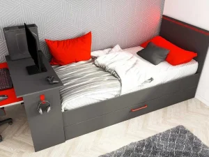 Cheap Uitschuifbed 90 X 200 En 90 X 190 Cm - Met Bureau - Ledverlichting - Antraciet En Rood + Matras + Bedbodem - Vouani Bed Met Slaaplade