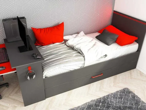 Cheap Uitschuifbed 90 X 200 En 90 X 190 Cm - Met Bureau - Ledverlichting - Antraciet En Rood + Matras + Bedbodem - Vouani Bed Met Slaaplade