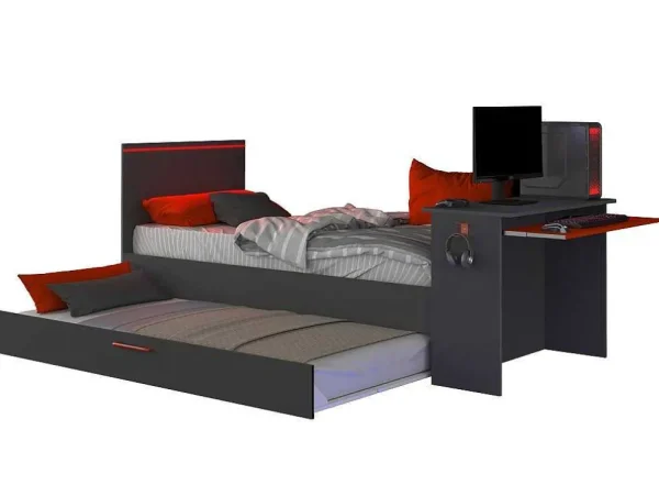 Cheap Uitschuifbed 90 X 200 En 90 X 190 Cm - Met Bureau - Ledverlichting - Antraciet En Rood + Matras + Bedbodem - Vouani Bed Met Slaaplade