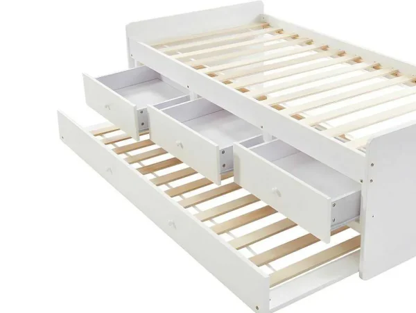 Fashion Uitschuifbed Titouan Met 3 Lades - Mdf En Dennenhout - Wit + Matras Bed Met Slaaplade