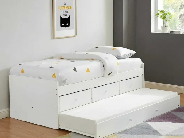 Fashion Uitschuifbed Titouan Met 3 Lades - Mdf En Dennenhout - Wit + Matras Bed Met Slaaplade