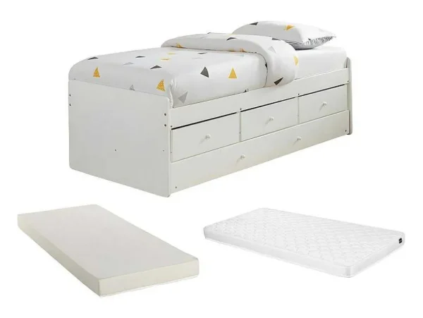 Fashion Uitschuifbed Titouan Met 3 Lades - Mdf En Dennenhout - Wit + Matras Bed Met Slaaplade