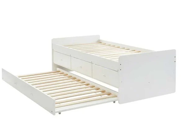 Fashion Uitschuifbed Titouan Met 3 Lades - Mdf En Dennenhout - Wit + Matras Bed Met Slaaplade