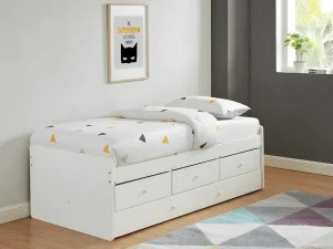 Fashion Uitschuifbed Titouan Met 3 Lades - Mdf En Dennenhout - Wit + Matras Bed Met Slaaplade
