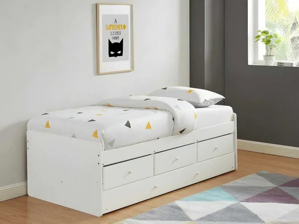 Fashion Uitschuifbed Titouan Met 3 Lades - Mdf En Dennenhout - Wit + Matras Bed Met Slaaplade